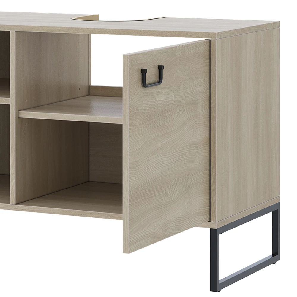 Nahaufnahme von Waschbeckenunterschrank in Eiche/Schwarz, zeigt Design- und Oberflächendetails