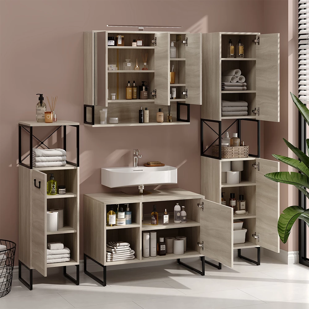 Vicco Badmöbel-Set Eiche/Schwarz 4 Teile, Vionna