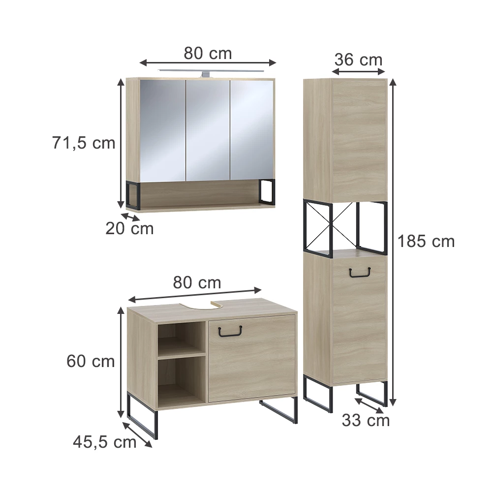 Vicco Badkamermeubelset Eiken/zwart 3 delen, Vionna