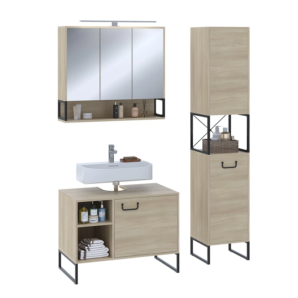 Vicco Badmöbel-Set Eiche/Schwarz 3 Teile, Vionna