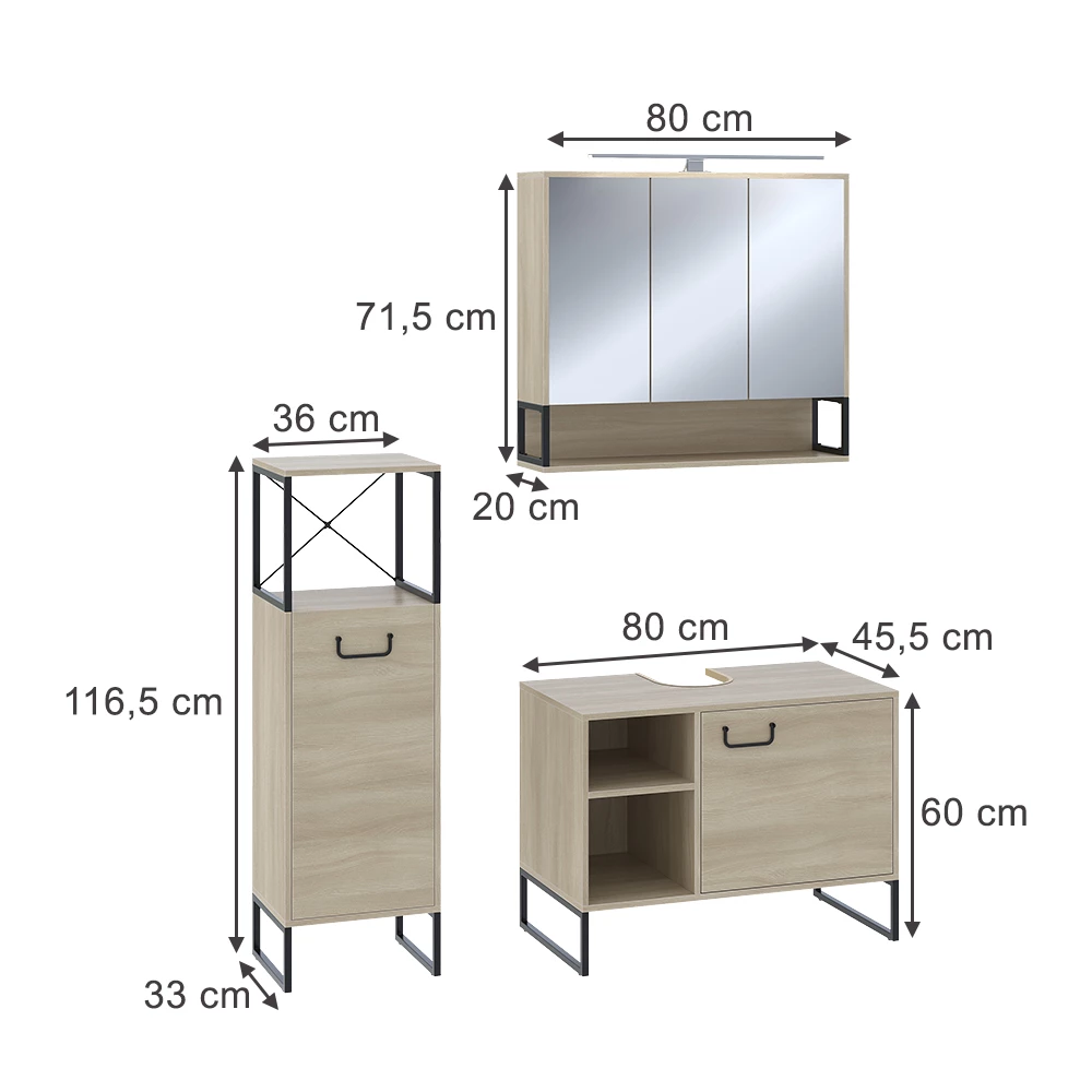 Vicco Badmöbel-Set Eiche 3 Teile, Vionna