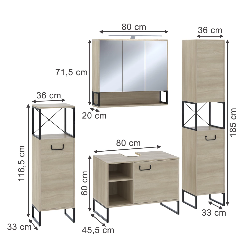 Vicco Badmöbel-Set Eiche/Schwarz 4 Teile, Vionna
