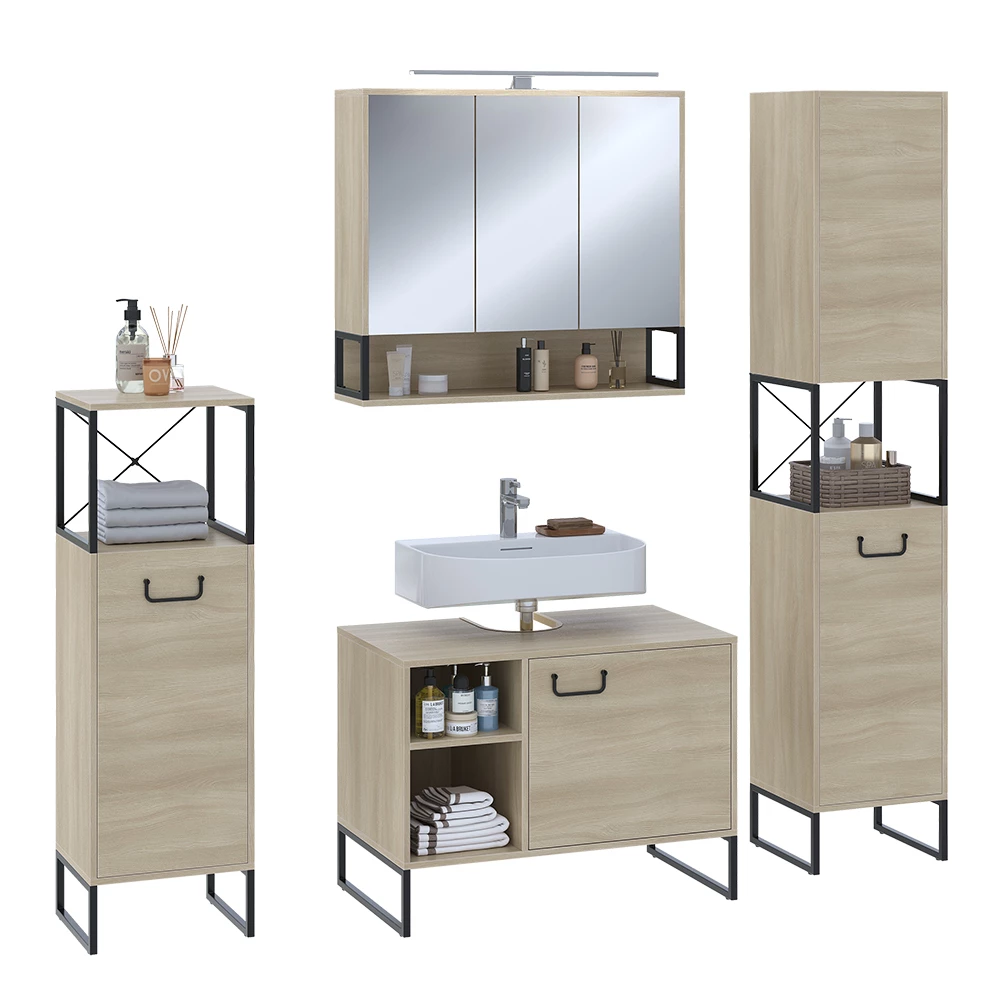 Vicco Badmöbel-Set Eiche/Schwarz 4 Teile, Vionna