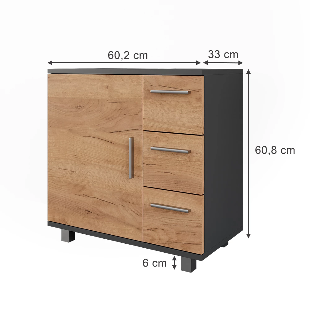 Vicco Waschbeckenunterschrank "Ilias", Anthrazit/Goldkraft Eiche, 60.2 x 60.8 cm mit Tür und 3 Schubladen