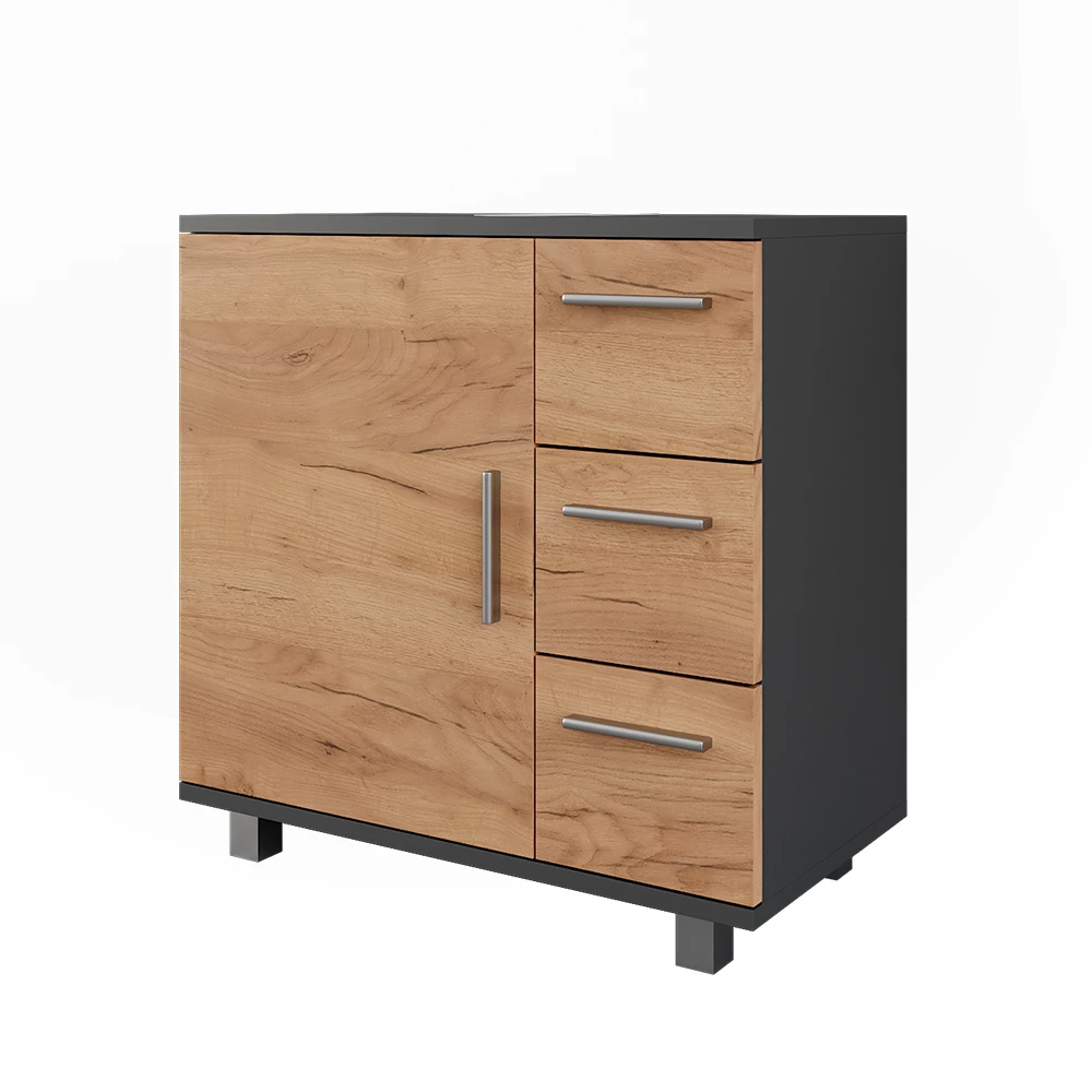 Vicco Waschbeckenunterschrank "Ilias", Anthrazit/Goldkraft Eiche, 60.2 x 60.8 cm mit Tür und 3 Schubladen