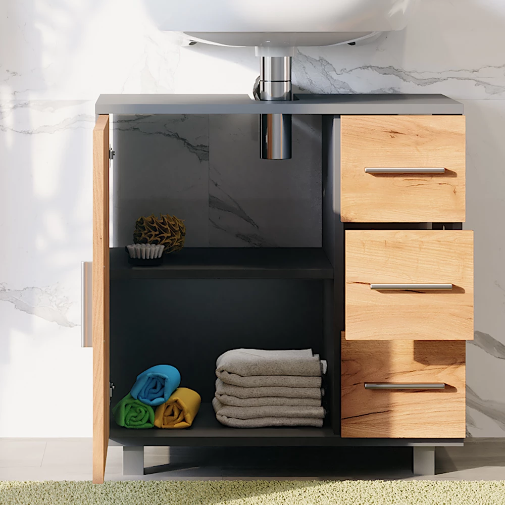 Vicco Waschbeckenunterschrank "Ilias", Anthrazit/Goldkraft Eiche, 60.2 x 60.8 cm mit Tür und 3 Schubladen