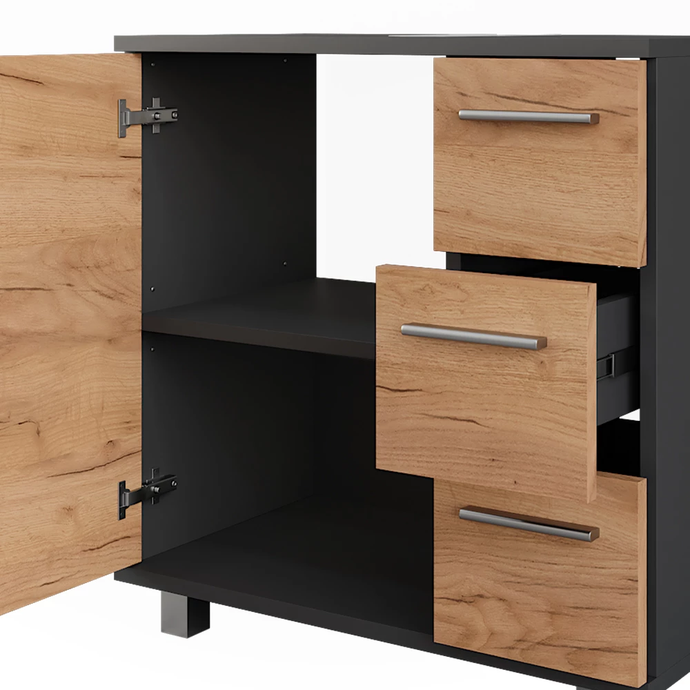 Vicco Waschbeckenunterschrank "Ilias", Anthrazit/Goldkraft Eiche, 60.2 x 60.8 cm mit Tür und 3 Schubladen