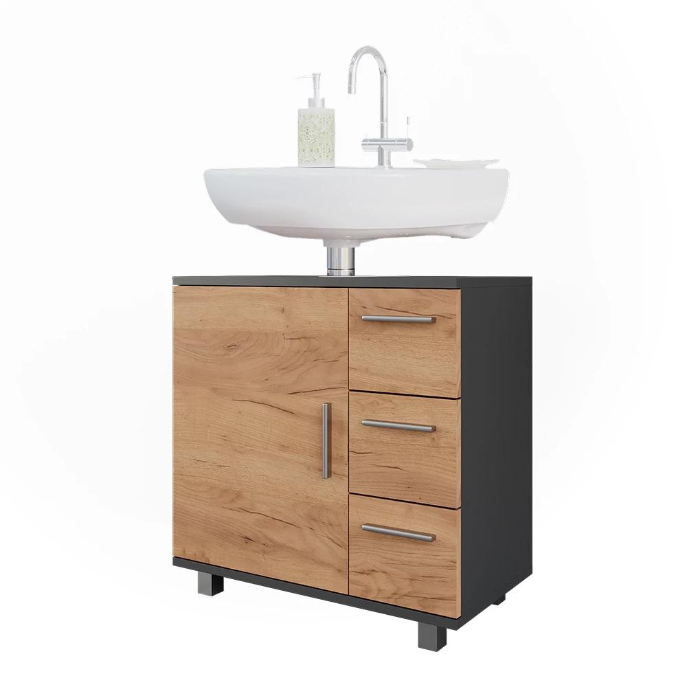 Vicco Waschbeckenunterschrank "Ilias", Anthrazit/Goldkraft Eiche, 60.2 x 60.8 cm mit Tür und 3 Schubladen