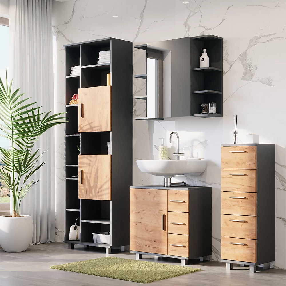 Vicco Waschbeckenunterschrank "Ilias", Anthrazit/Goldkraft Eiche, 60.2 x 60.8 cm mit Tür und 3 Schubladen