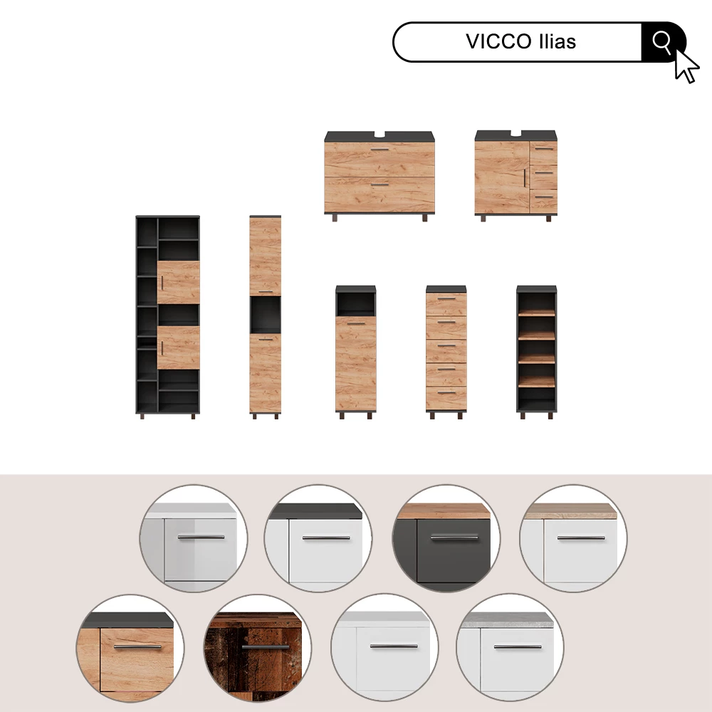 Vicco Waschbeckenunterschrank "Ilias", Anthrazit/Goldkraft Eiche, 60.2 x 60.8 cm mit Tür und 3 Schubladen