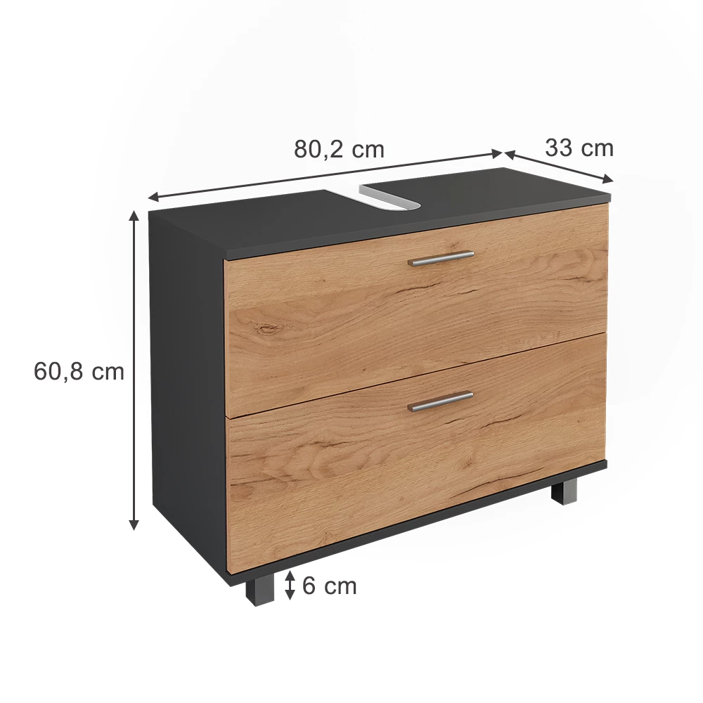 Vicco Wastafelonderkast "Ilias", Antraciet/gouden eik, 80.2 x 60.8 cm met 2 laden