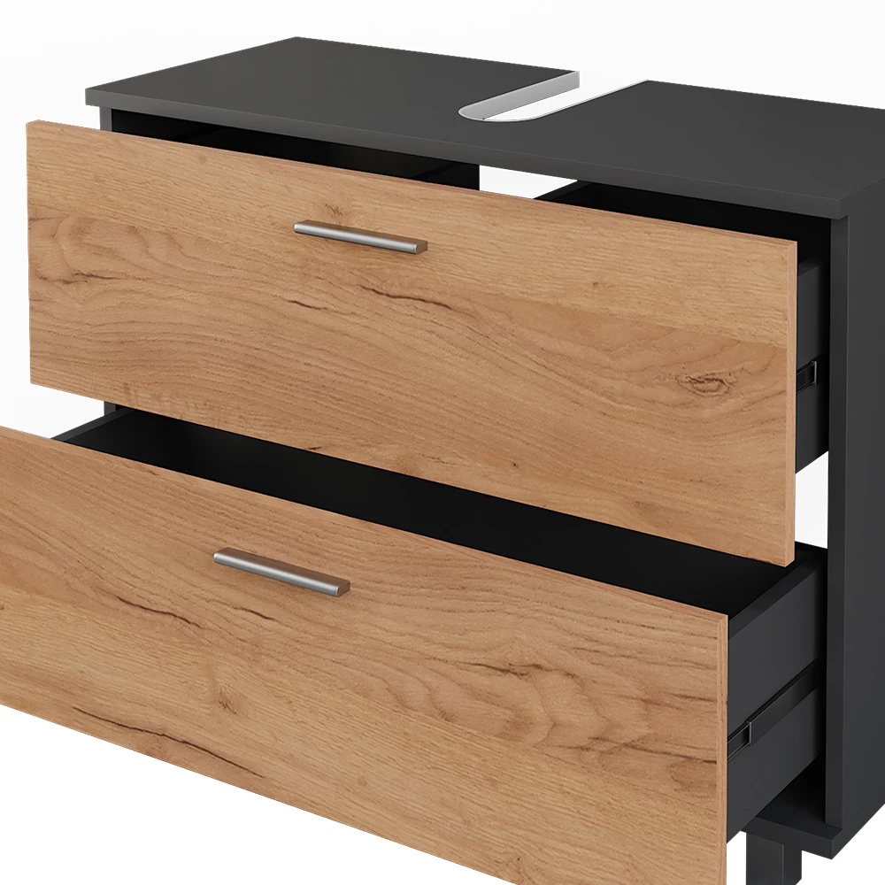 Nahaufnahme von Waschbeckenunterschrank in Goldkraft Eiche/Anthrazit, zeigt Design- und Oberflächendetails