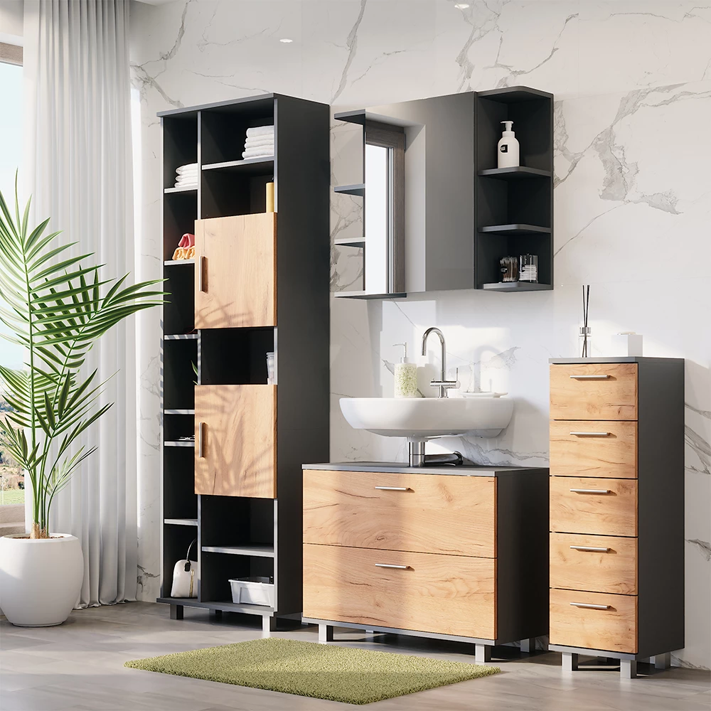 Vicco Set di mobili da bagno Quercia dorata/antracite 4 pezzi, con colonna, Ilias