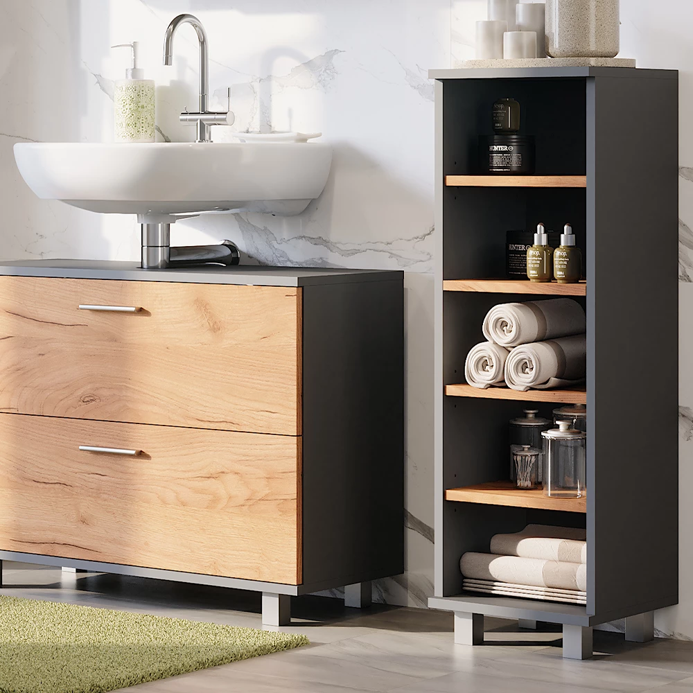 Mobiletto midi in Antracite/quercia dorata, mostrato in un ambiente ambientale con decorazioni