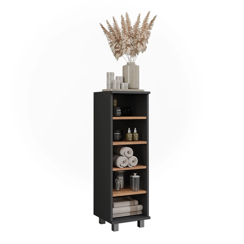 Mobiletto midi in Antracite/quercia dorata su sfondo bianco con elementi decorativi