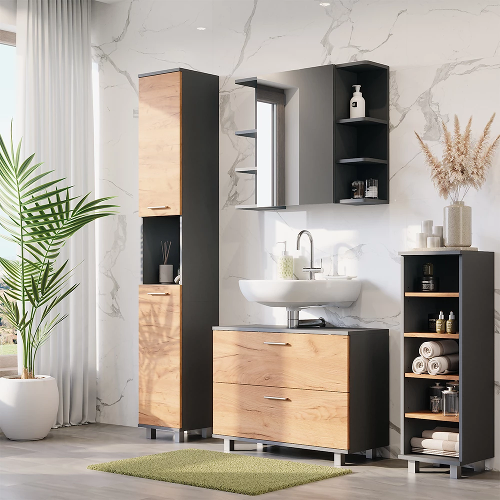 Vicco Set di mobili da bagno Quercia dorata/antracite 4 parti, Ilias