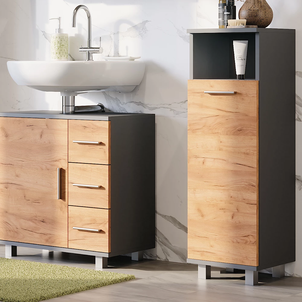 Vicco Midischrank "Ilias", Anthrazit/Goldkraft Eiche, 30.2 x 190 cm mit 2 Türen