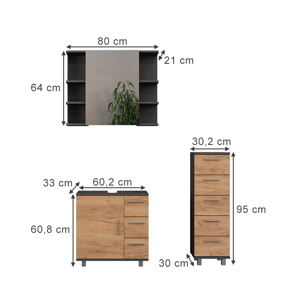 Vicco Badmöbel-Set Anthrazit/Goldkraft Eiche 3 Teile, mit Midischrank, Ilias