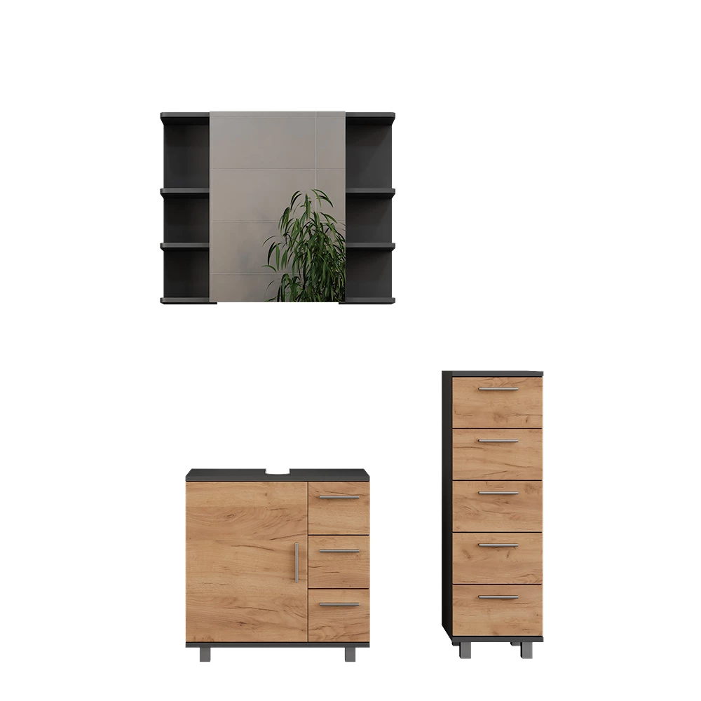 Vicco Badmöbel-Set Anthrazit/Goldkraft Eiche 3 Teile, mit Midischrank, Ilias
