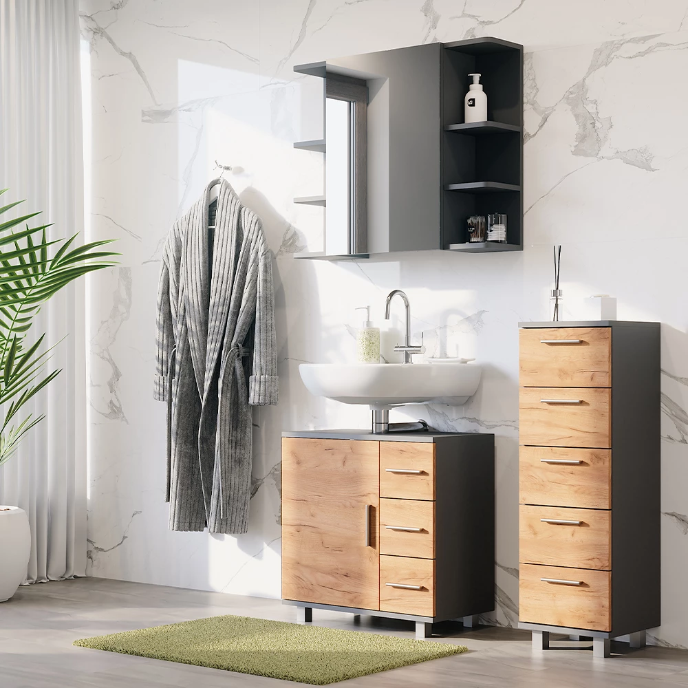 Vicco Badmöbel-Set Anthrazit/Goldkraft Eiche 3 Teile, mit Midischrank, Ilias