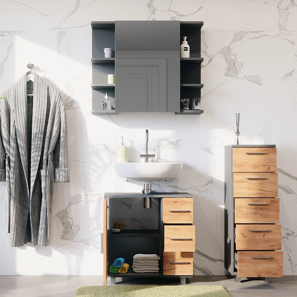 Vicco Badmöbel-Set Anthrazit/Goldkraft Eiche 3 Teile, mit Midischrank, Ilias