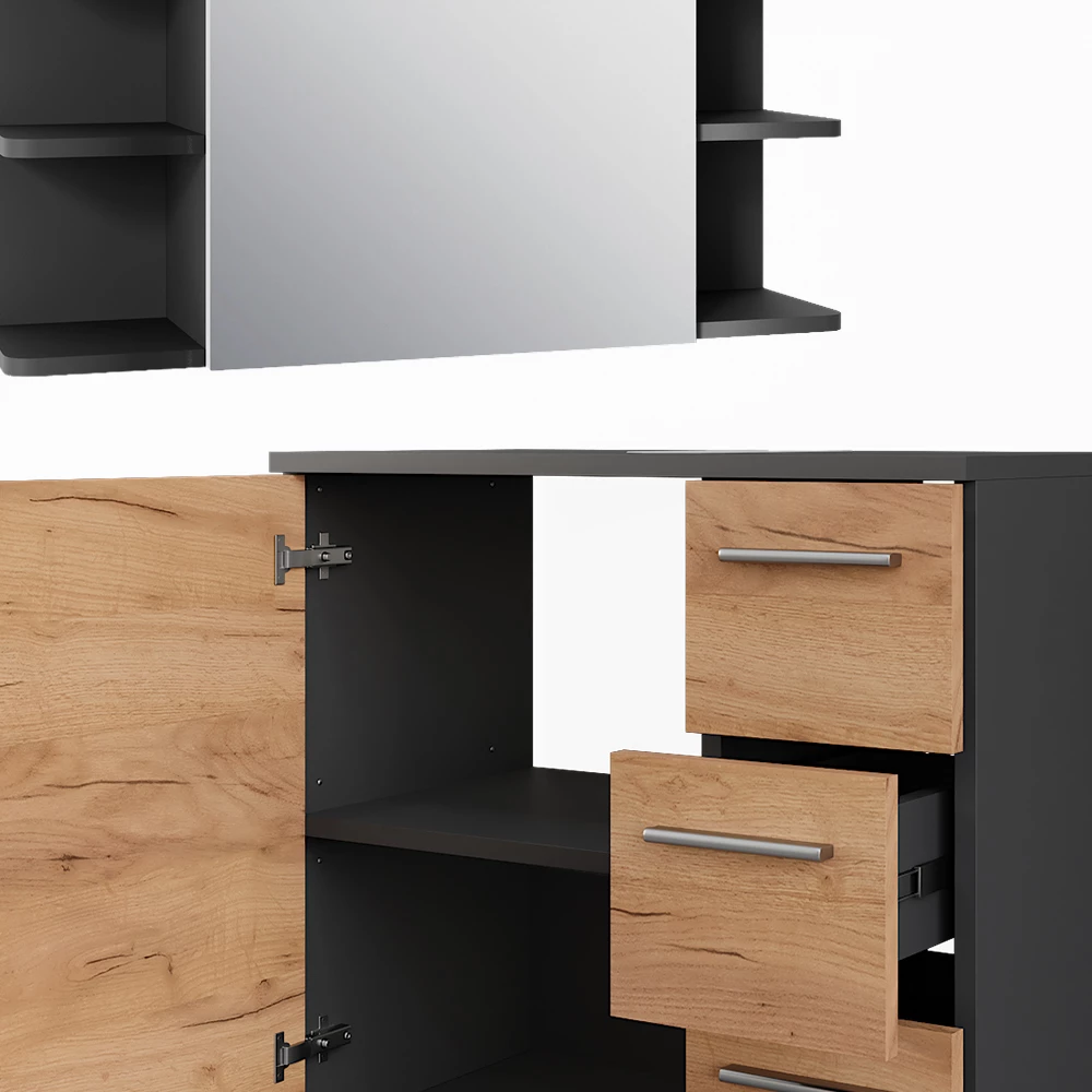 Vicco Badmöbel-Set Anthrazit/Goldkraft Eiche 3 Teile, mit Midischrank, Ilias