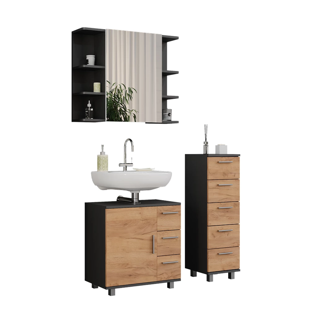 Vicco Badmöbel-Set Anthrazit/Goldkraft Eiche 3 Teile, mit Midischrank, Ilias
