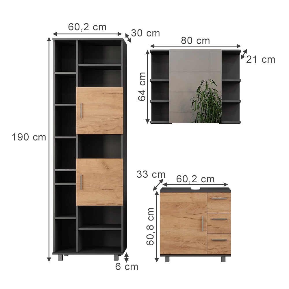 Vicco Sada kúpeľňového nábytku Antracit/zlatý dub 3 časti, s kúpeľňovou skrinkou 190 cm, Ilias