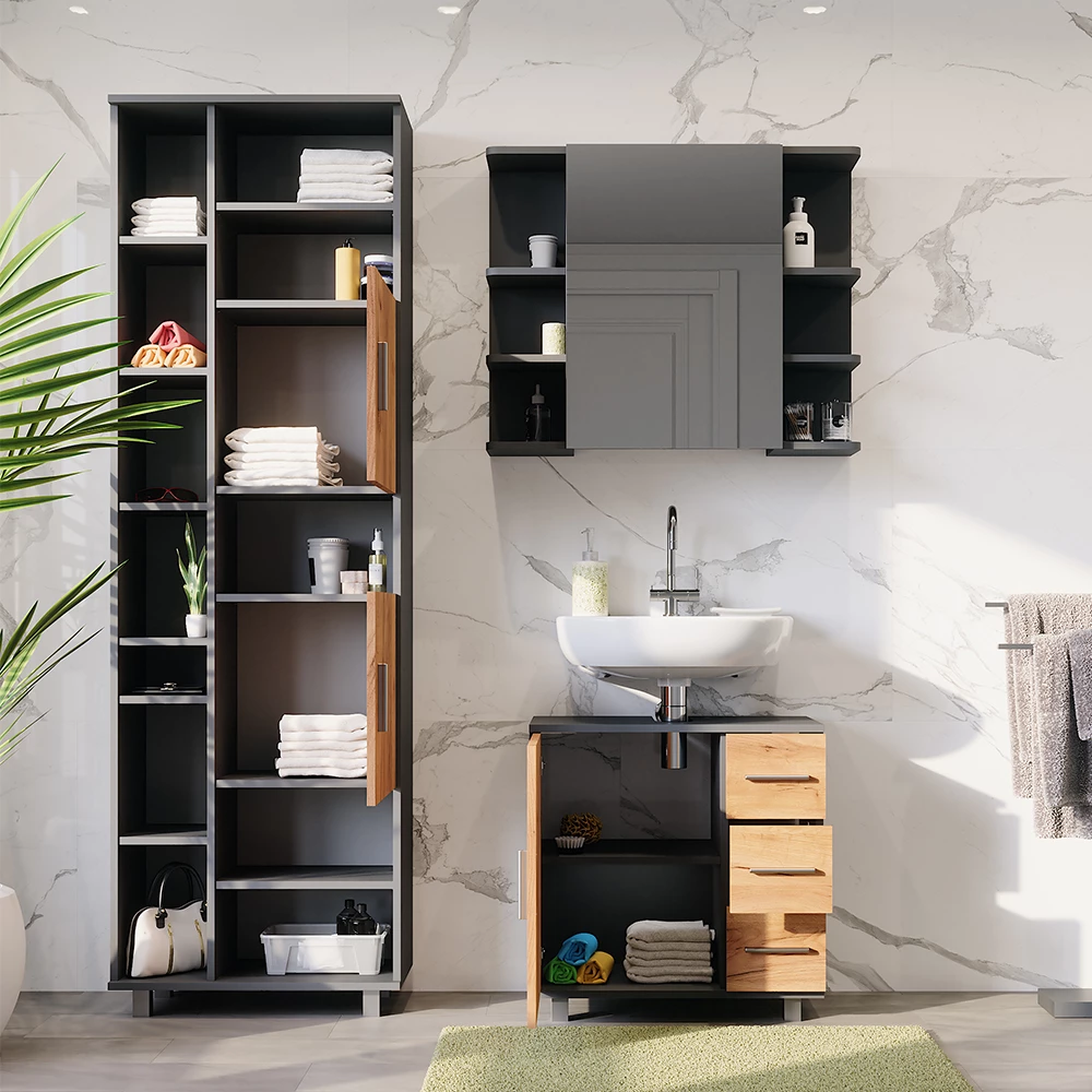 Vicco Set di mobili da bagno Antracite/quercia dorata 3 parti, con mobile da bagno 190 cm, Ilias