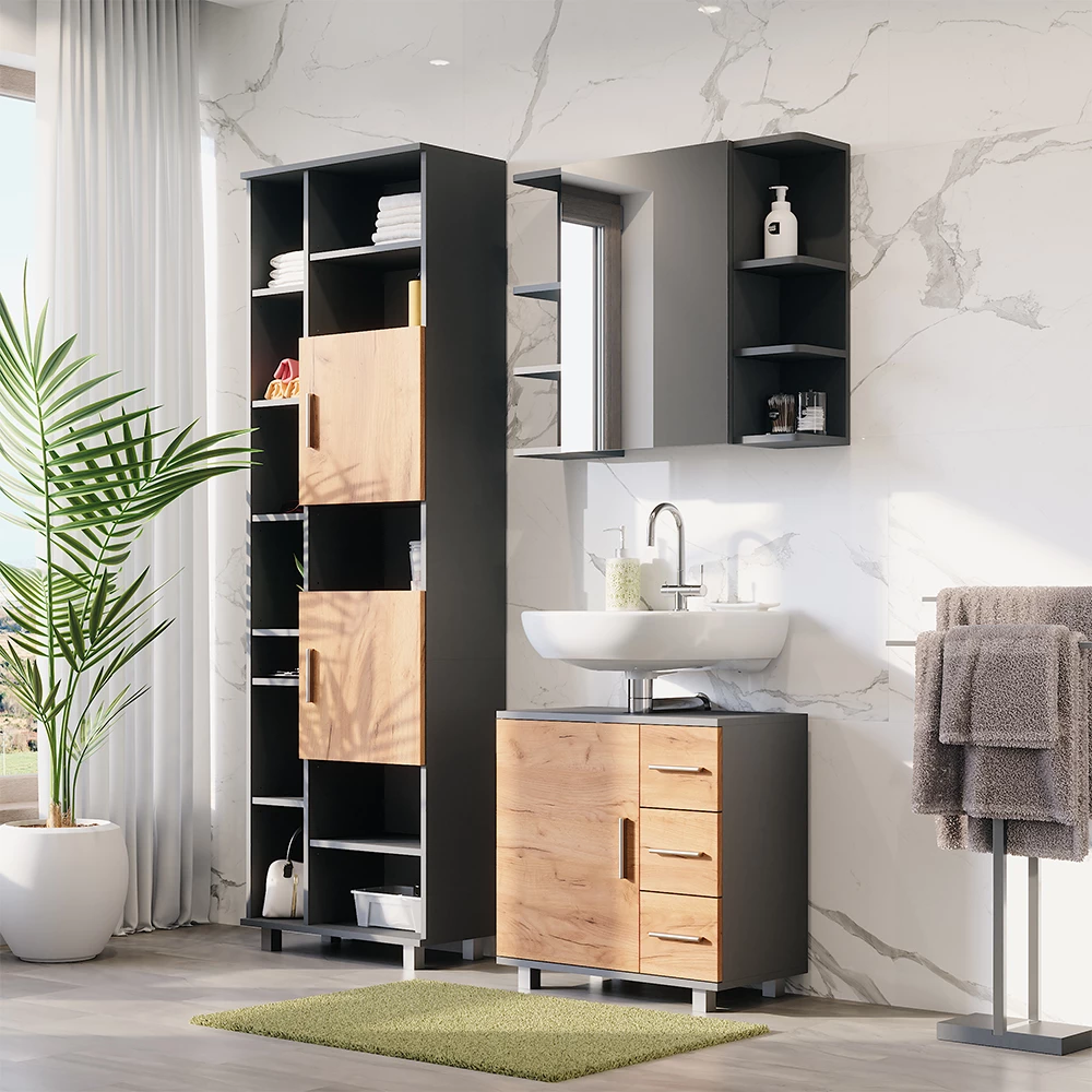 Vicco Set di mobili da bagno Antracite/quercia dorata 3 parti, con mobile da bagno 190 cm, Ilias