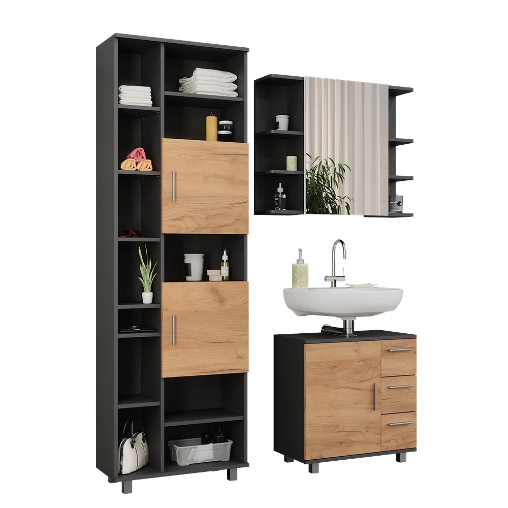 Vicco Set di mobili da bagno Antracite/quercia dorata 3 parti, con mobile da bagno 190 cm, Ilias