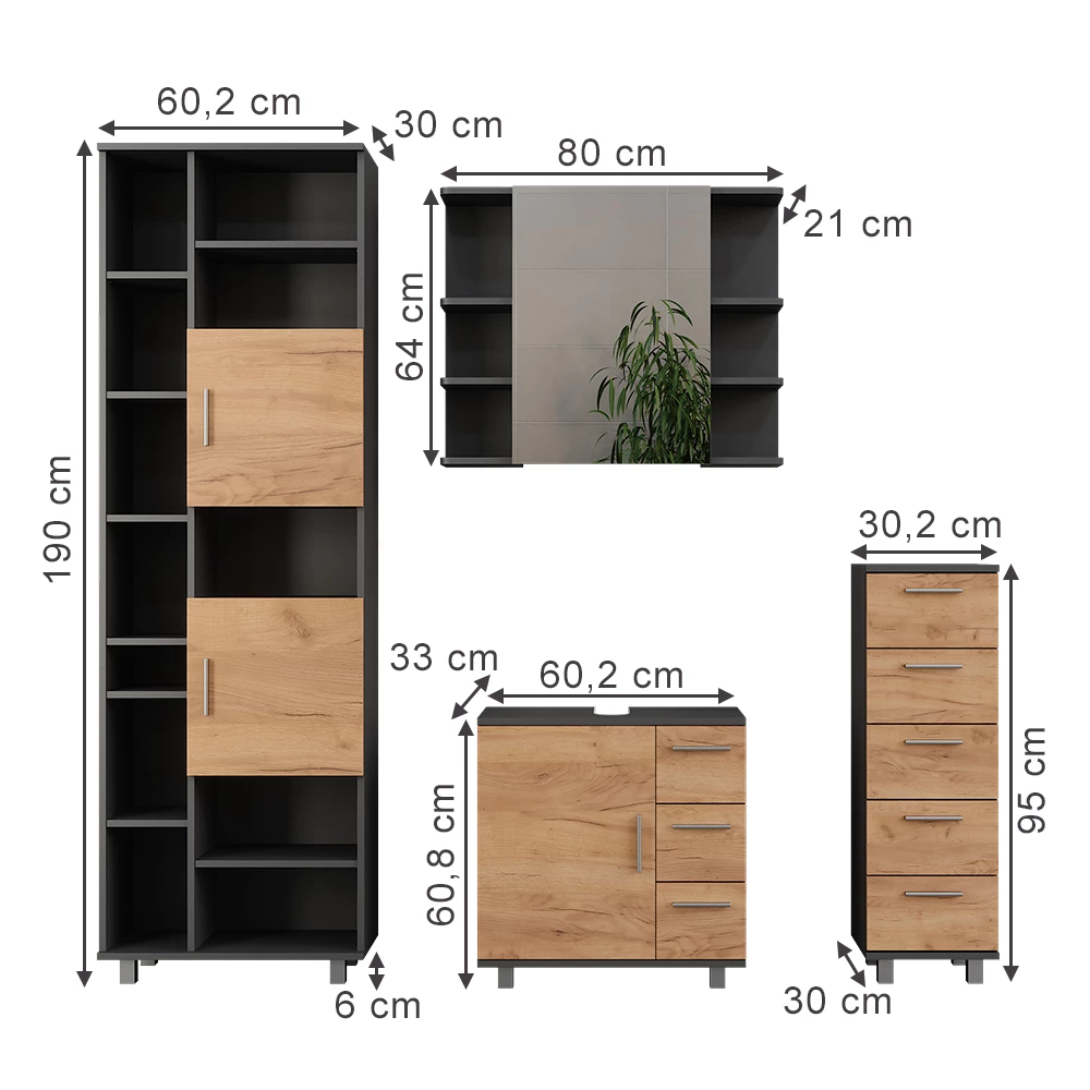 Vicco Badmöbel-Set Anthrazit/Goldkraft Eiche 4 Teile, mit Hochschrank und Midischrank, Ilias