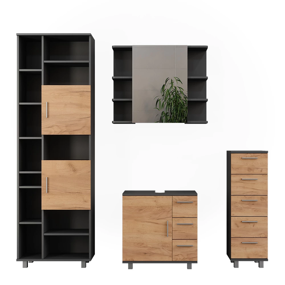 Vicco Badmöbel-Set Anthrazit/Goldkraft Eiche 4 Teile, mit Hochschrank und Midischrank, Ilias