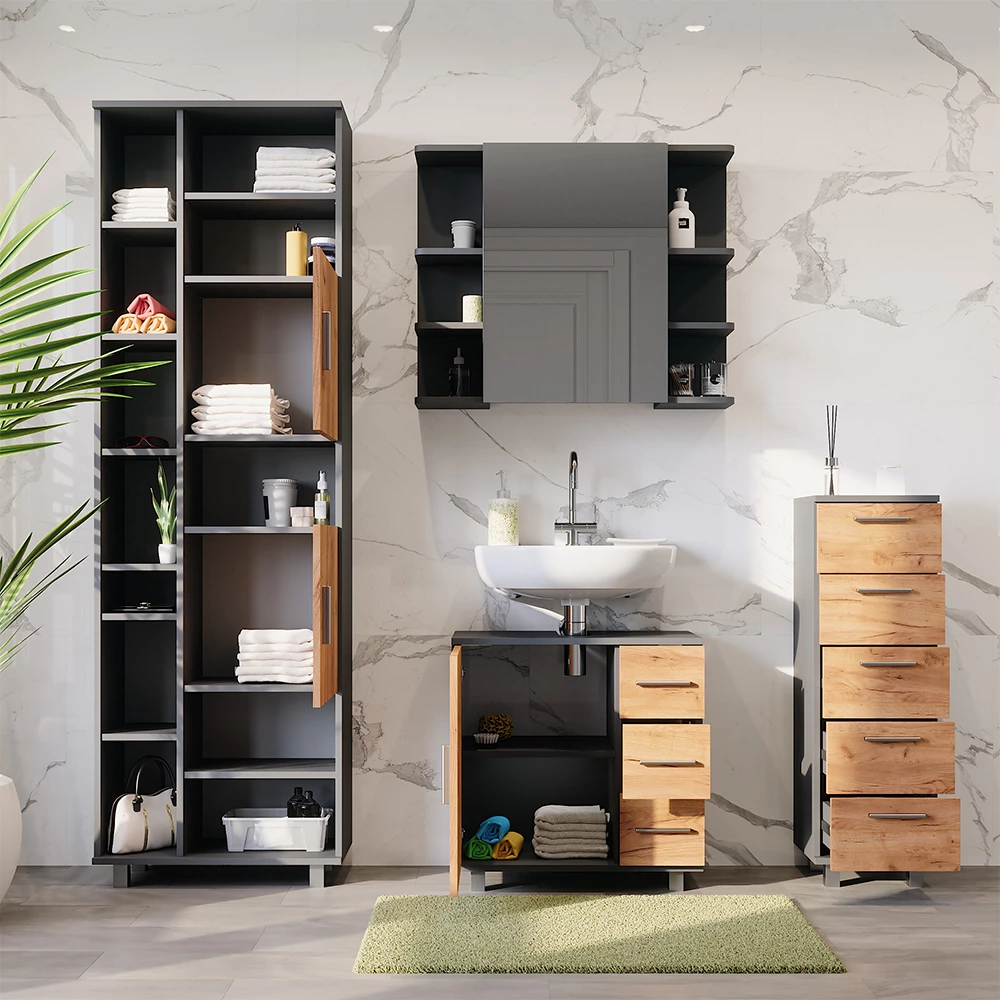 Vicco Badmöbel-Set Anthrazit/Goldkraft Eiche 4 Teile, mit Hochschrank und Midischrank, Ilias