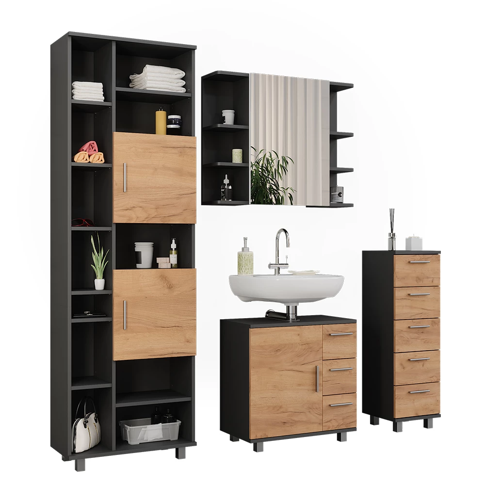 Vicco Badmöbel-Set Anthrazit/Goldkraft Eiche 4 Teile, mit Hochschrank und Midischrank, Ilias