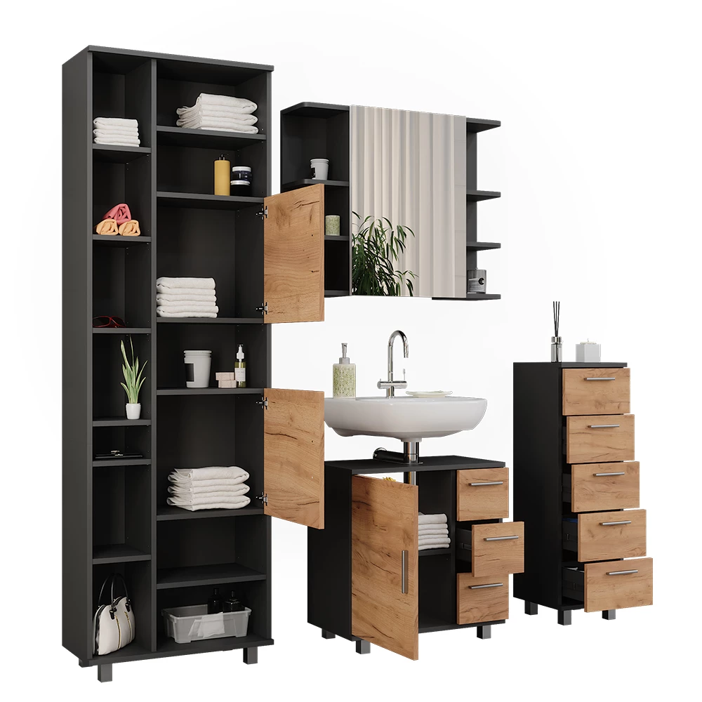 Vicco Badmöbel-Set Anthrazit/Goldkraft Eiche 4 Teile, mit Hochschrank und Midischrank, Ilias
