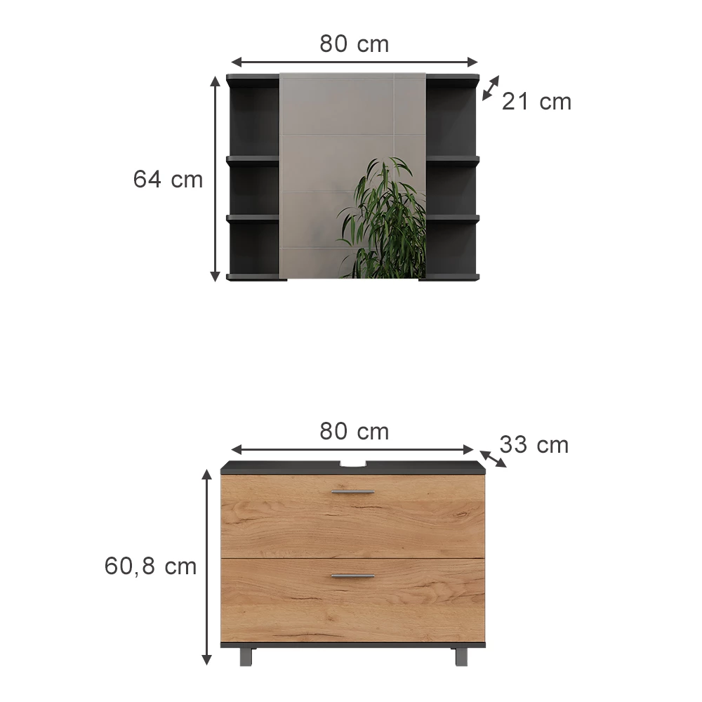 Vicco Badmöbel-Set Goldkraft Eiche/Anthrazit 2 Teile, Unterschrank 80 cm, Ilias