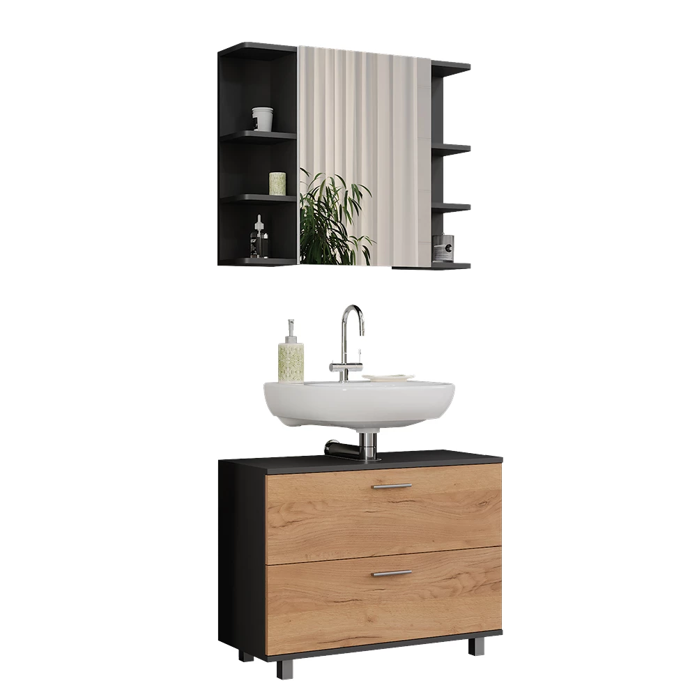 Vicco Badmöbel-Set Goldkraft Eiche/Anthrazit 2 Teile, Unterschrank 80 cm, Ilias
