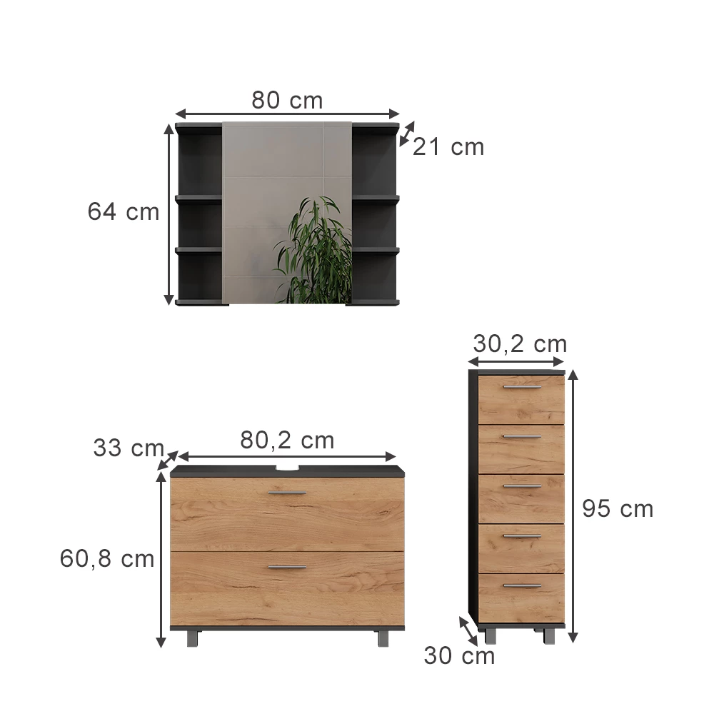Vicco Badkamermeubelset Eik goud/antraciet 3 delen, met onderkast 80 cm, Ilias