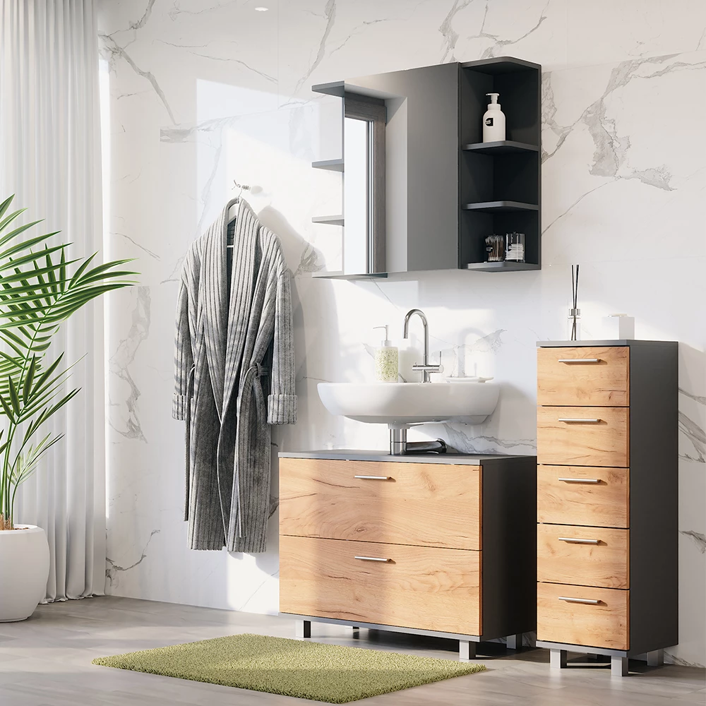 Vicco Badkamermeubelset Eik goud/antraciet 3 delen, met onderkast 80 cm, Ilias