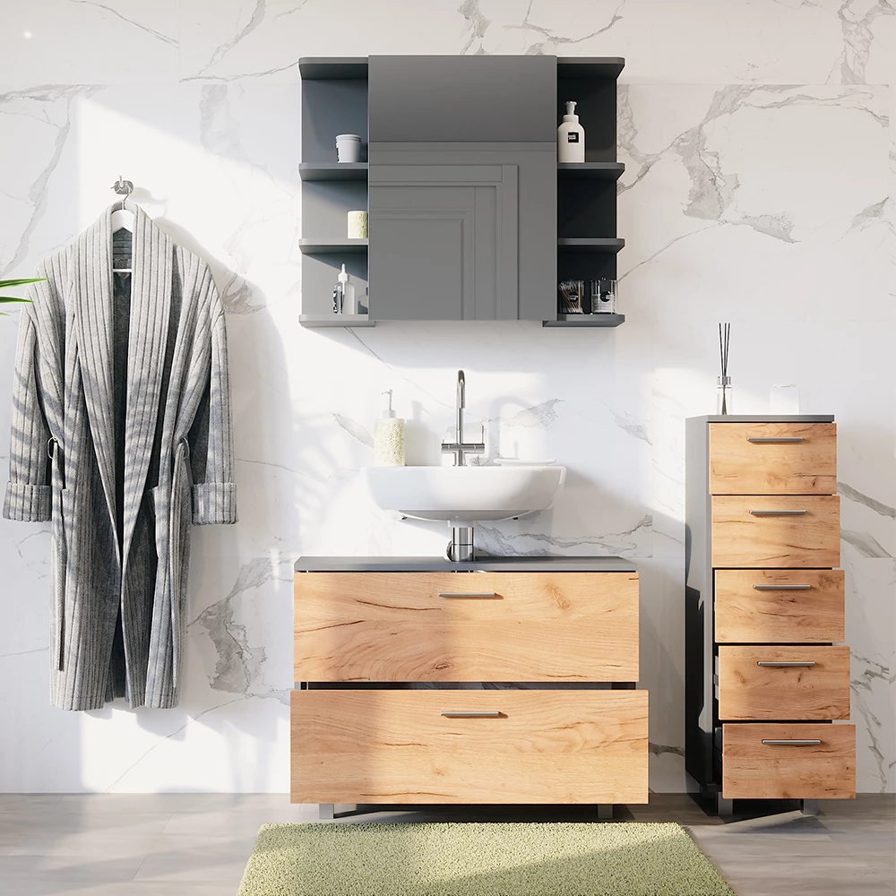 Vicco Badkamermeubelset Eik goud/antraciet 3 delen, met onderkast 80 cm, Ilias