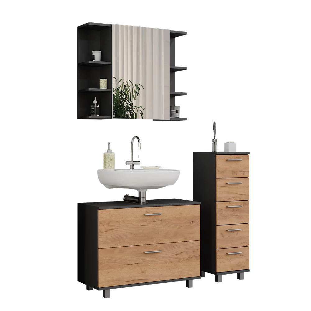 Vicco Badkamermeubelset Eik goud/antraciet 3 delen, met onderkast 80 cm, Ilias