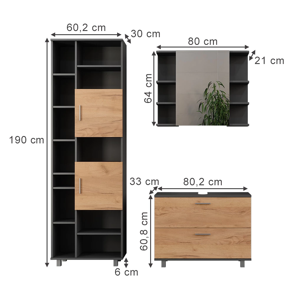 Vicco Badmöbel-Set Goldkraft Eiche/Anthrazit 3 Teile, mit Hochschrank, Ilias