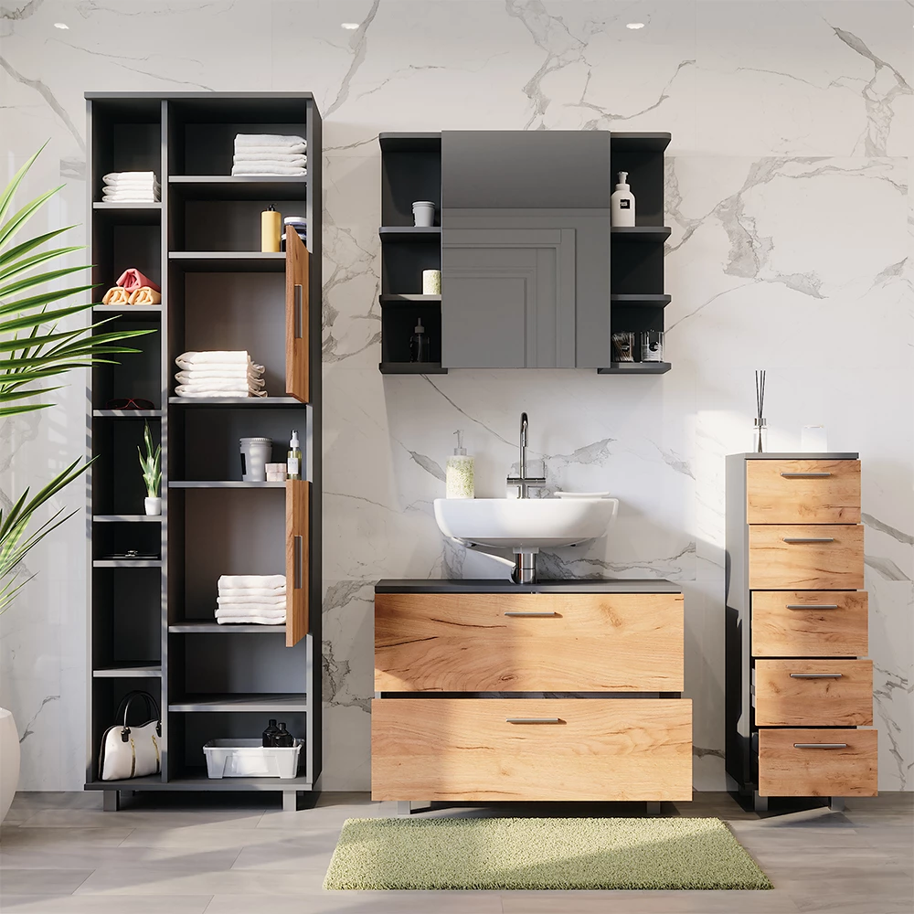 Vicco Set di mobili da bagno Quercia dorata/antracite 4 pezzi, con colonna, Ilias