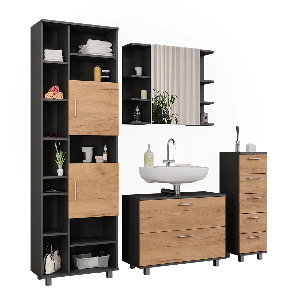 Vicco Set di mobili da bagno Quercia dorata/antracite 4 pezzi, con colonna, Ilias