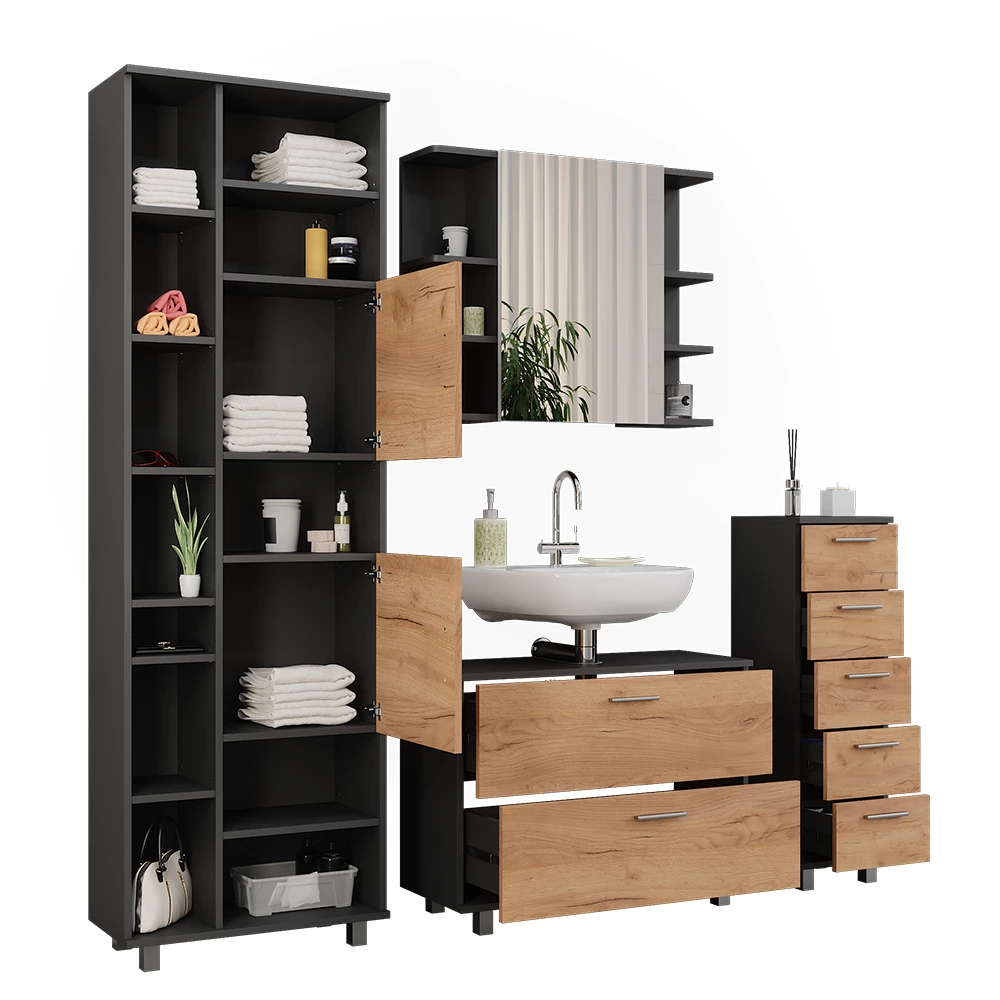 Vicco Set di mobili da bagno Quercia dorata/antracite 4 pezzi, con colonna, Ilias