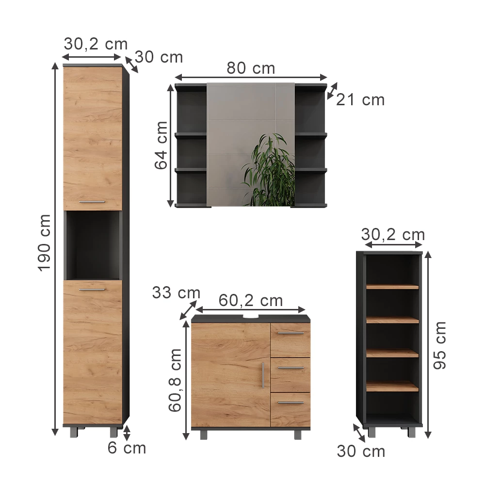 Vicco Set di mobili da bagno Antracite/quercia dorata 4 parti, Ilias