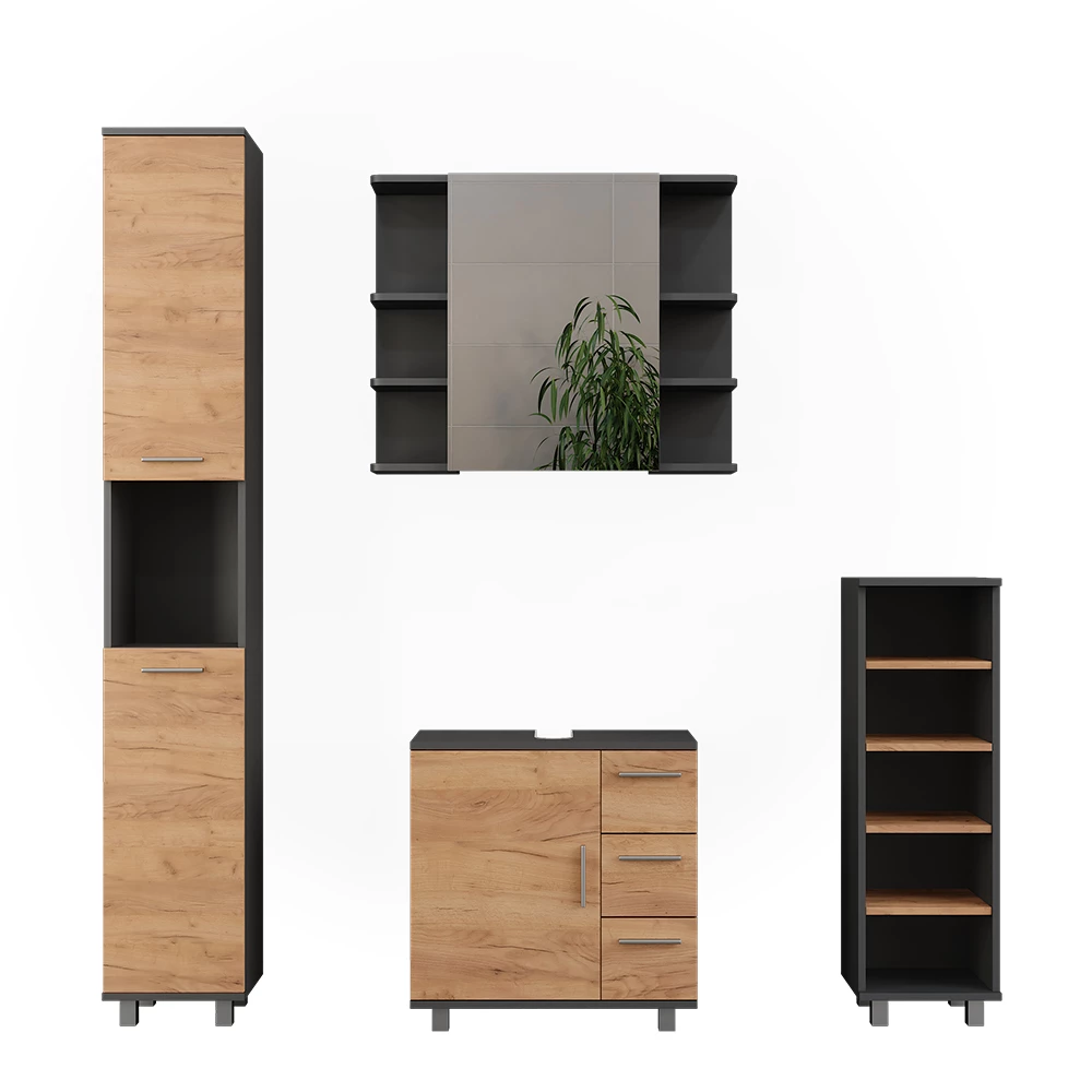 Vicco Set di mobili da bagno Antracite/quercia dorata 4 parti, Ilias