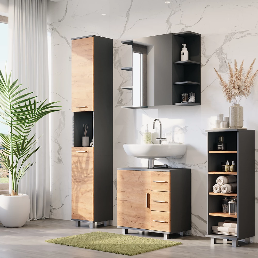 Vicco Set di mobili da bagno Antracite/quercia dorata 4 parti, Ilias