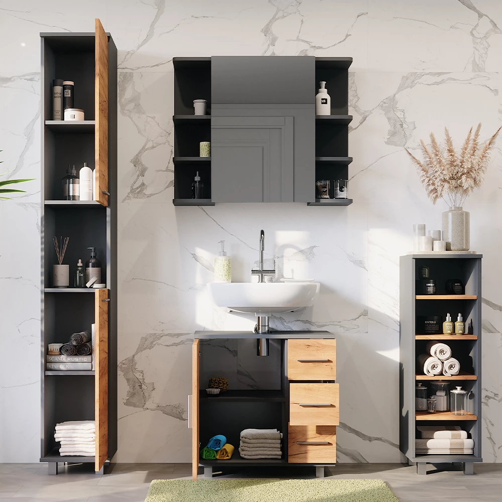 Vicco Set di mobili da bagno Antracite/quercia dorata 4 parti, Ilias